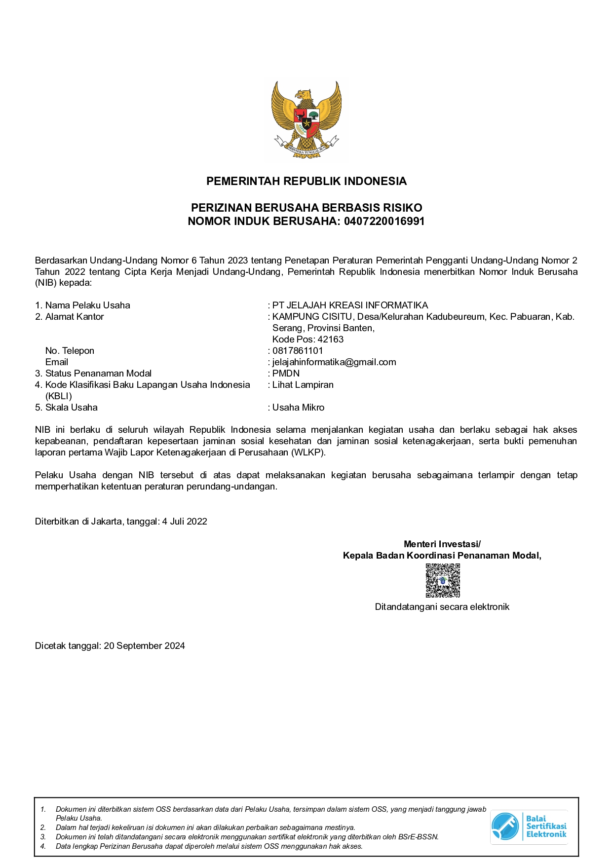 Nomor Induk Berusaha (NIB) PT Jelajah Kreasi Informatika